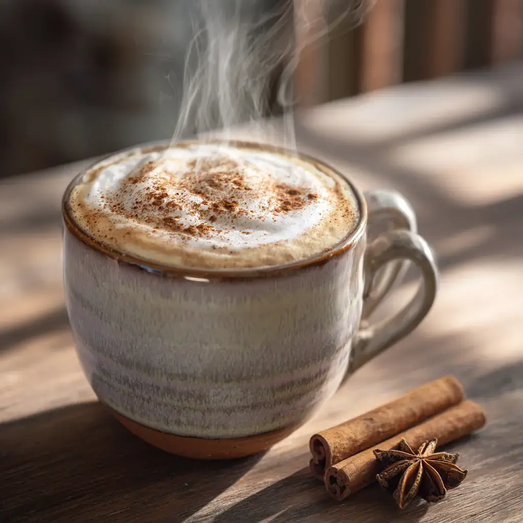 Close-up of a steaming chai latte from instant chai machines with frothy milk and cinnamon in a ceramic mug