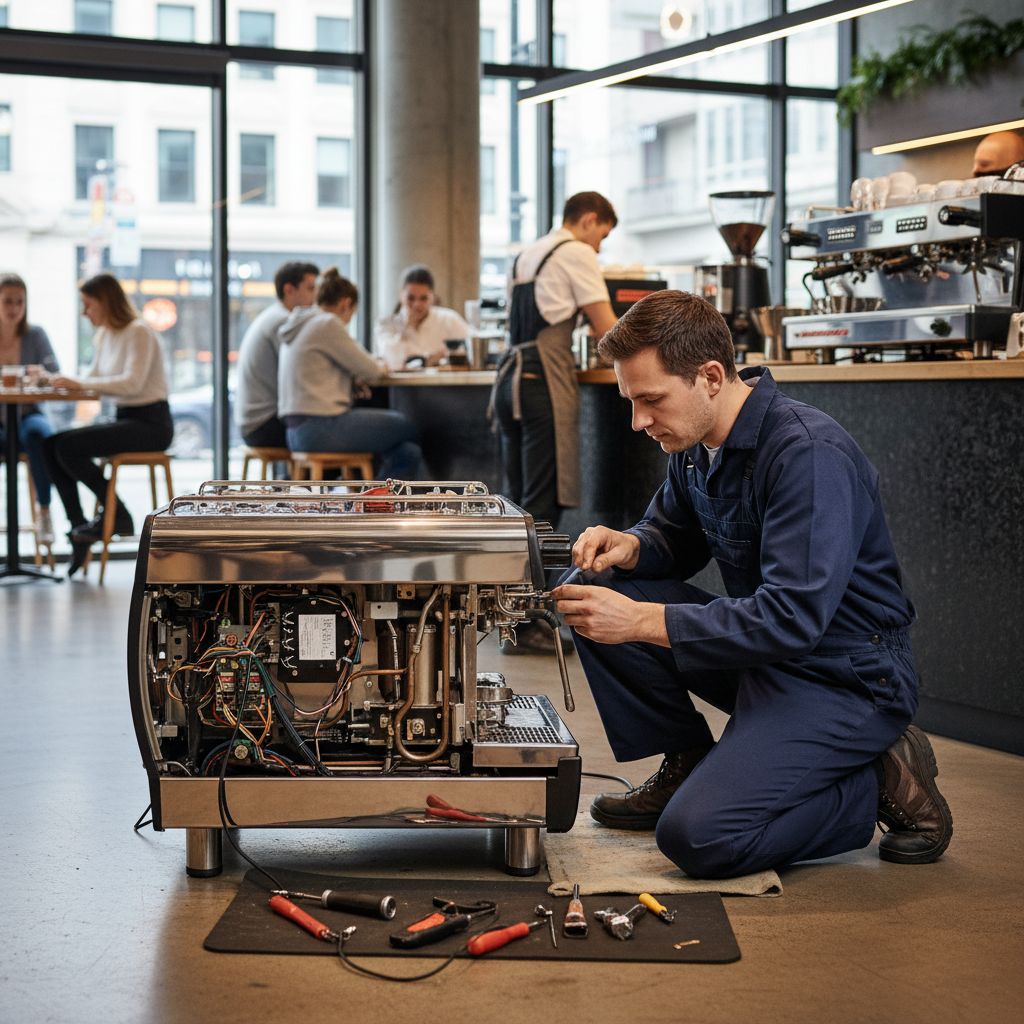 Engineer repairing a professional office coffee machine