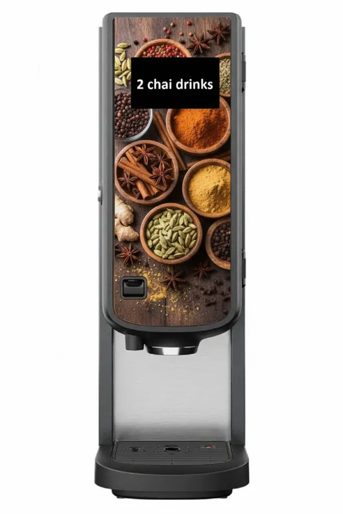 An image of an authentic karak office instant chai machine serving two chai flavours