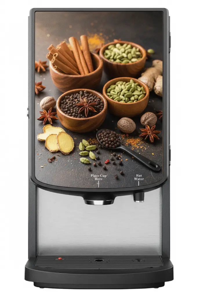 An image of an authentic karak office instant chai machine serving three chai flavours
