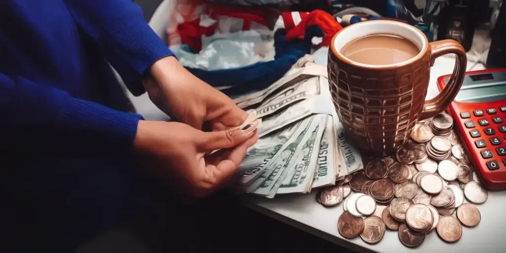 Coffee cup with coins and calculator on an office desk