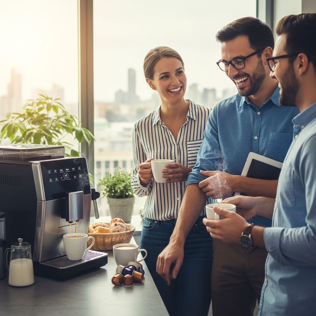 Happy staff enjoying coffee from free office coffee machine