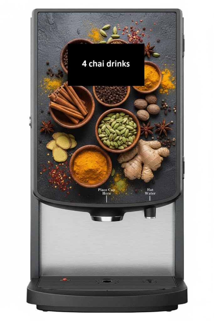 Authentic karak instant chai machine for small business, café or restaurant use, serving four chai flavours — supplied by Great British Beverage with free installation.