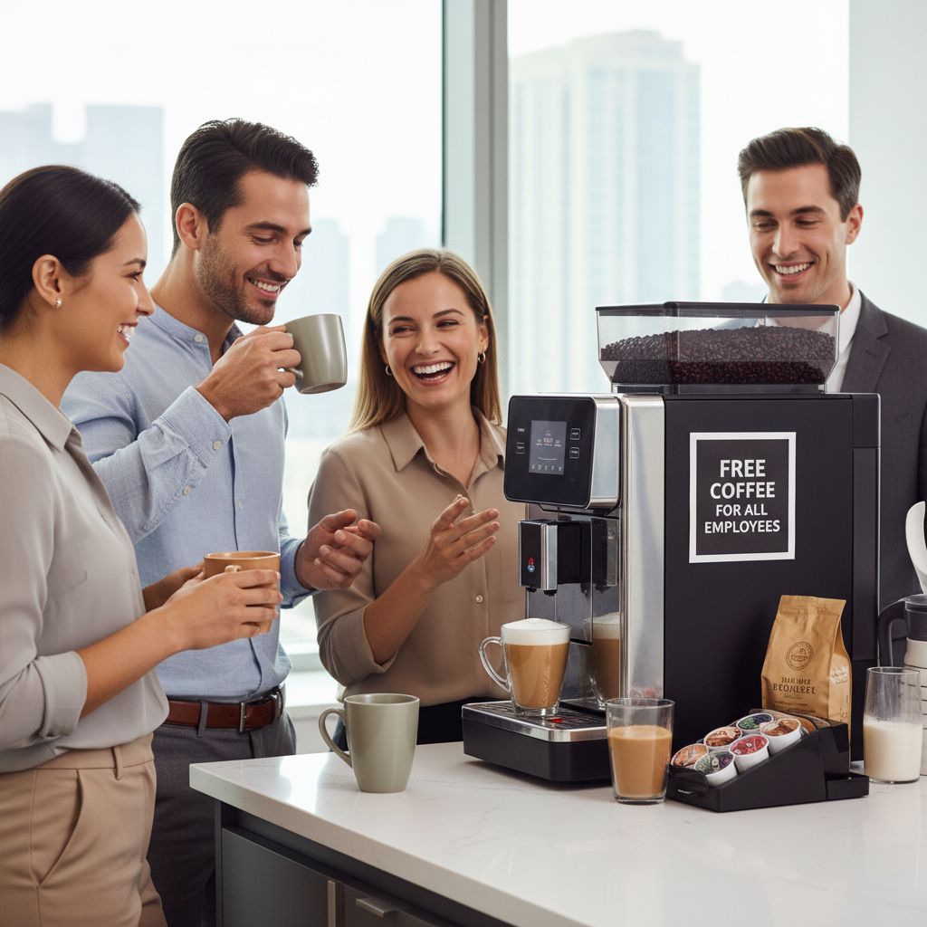 Smiling office team enjoying coffee from free machine