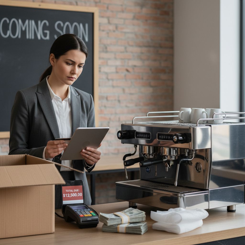 Businessperson calculating cost of buying a coffee machine