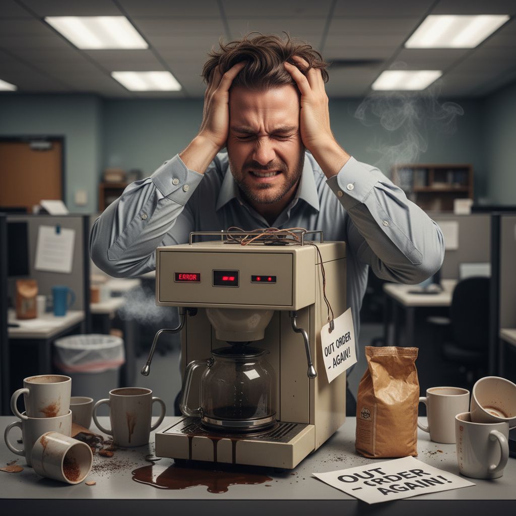 Employee frustrated with old coffee machine ready for upgrade