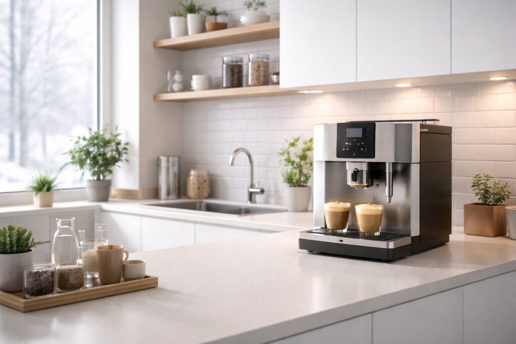 Modern instant coffee machine preparing two coffee drinks on a clean workplace kitchen counter